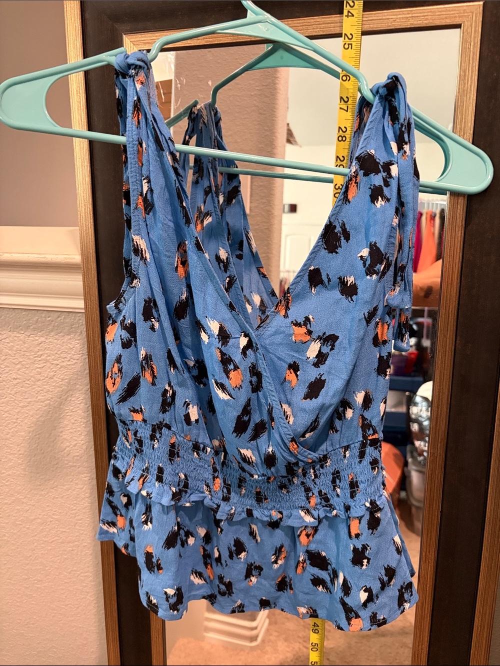Elodie Blue Floral-Print Tank Top with Black and Orange Accents